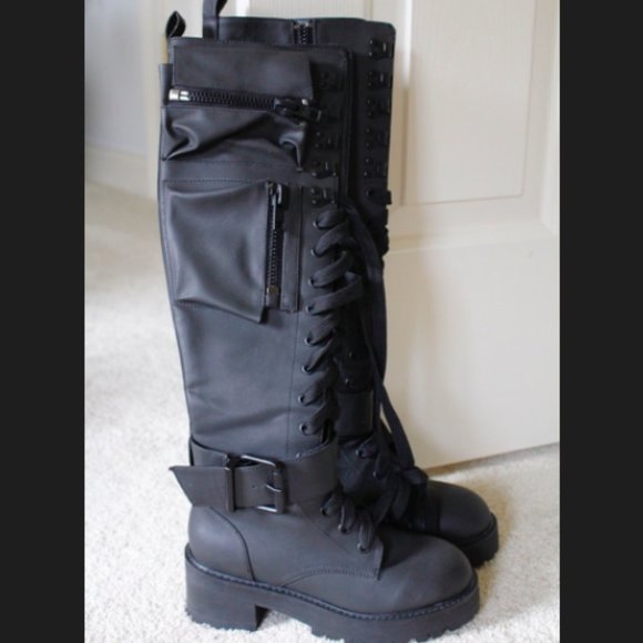 Current Mood Black Pocket Combat Boots Laceup US 5 - Picture 3 of 10